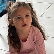 Lyah participe au concours pour gagner de l'argent avec cette photo : blue_chair, candid, casual, child, curious, expression, floor, furniture, girl, home, indoors, long_hair, natural_light, person, pigtails, pink_clothing, portrait, sitting, tile_floor, young_child