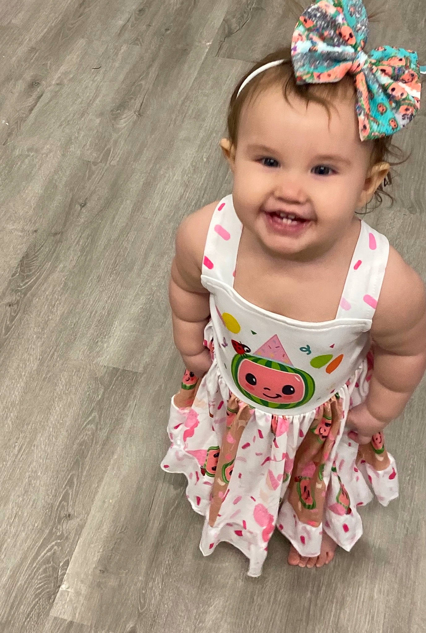 Adelyn joined the competition — help win amazing prizes! baby, baby_toddler_clothing, child, dress, eye, face, happy, head, headband, headpiece, jewellery, joy, magenta, pattern, person, pink, skin, sleeve, smile, t_shirt