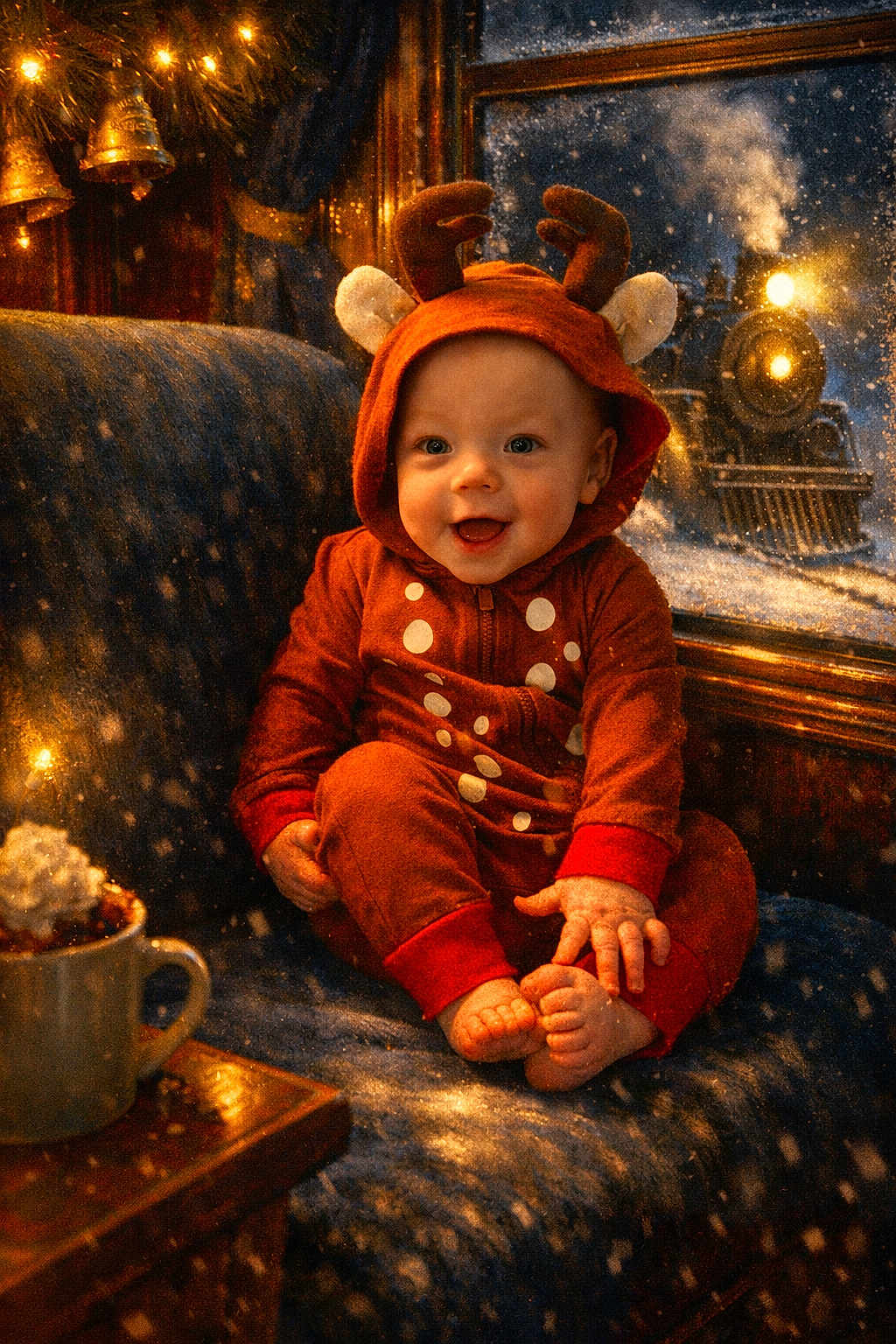 Owen joined the competition — help win amazing prizes! baby, child, reindeer_costume, holiday, christmas, cozy, couch, snow, steam_train, window, bells, warm_lights, whipped_cream, mug, winter, festive, smiling, indoors, cute, portrait