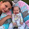 baby, babywear, blanket, child, clothing, colorful, cute, face, family, happy, head, infant, joy, laughing, outdoor, person, portrait, quilt, sibling, smile
