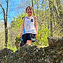 Brycen is registered to the contest to win money with this photo: child, boy, smiling, outdoor, nature, forest, rock, tree, sunlight, blue_sky, greenery, casual_clothing, tank_top, shorts, happy, playful, daytime, person, spring, adventure