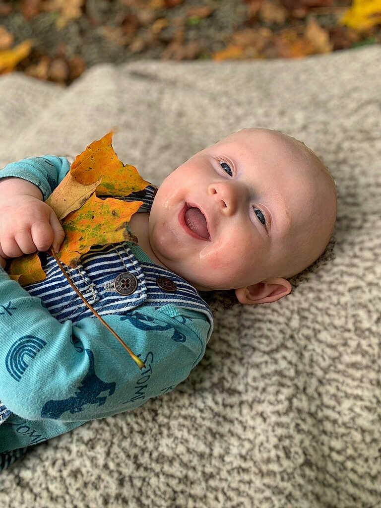 Mason joined the competition — help win amazing prizes! baby, child, autumn, leaves, smile, happy, blanket, outdoor, fall, nature, closeup, cute, infant, skin, clothing, playful, holding, portrait, young, relaxing