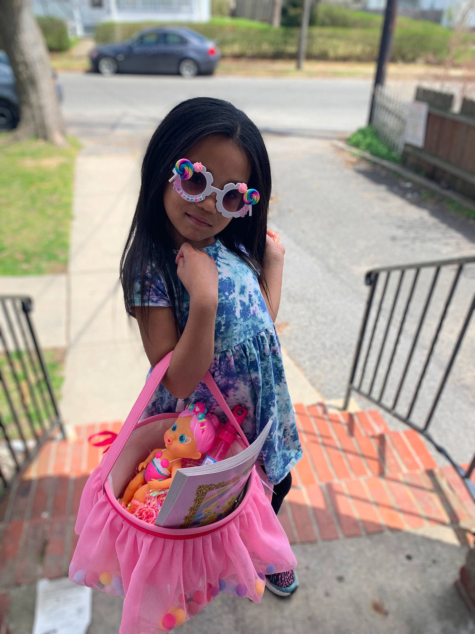 Stacey joined the competition — help win amazing prizes! black_hair, cool, dress, eyewear, glasses, hair, happy, head, leisure, long_hair, magenta, person, pink, plant, shoulder, sleeve, sunglasses, t_shirt, thigh, vision_care