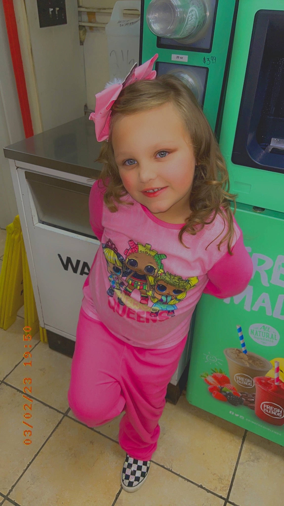 Allie is registered to the contest to win money with this photo: active_pants, baby_toddler_clothing, cheek, child, clothing, face, flooring, fun, hairstyle, happy, joint, joy, magenta, person, pink, shoulder, skin, sleeve, smile, standing