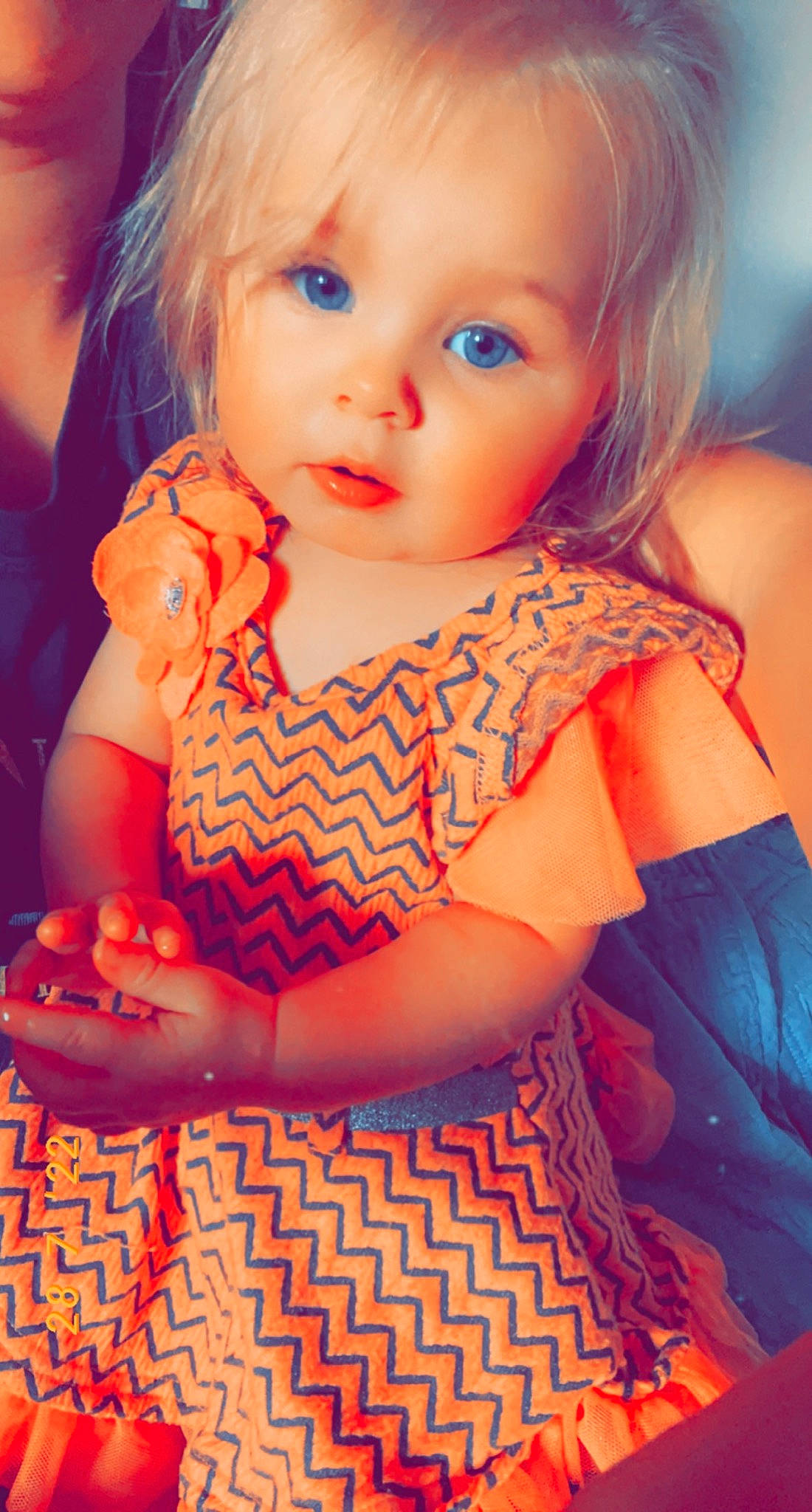 Eden joined the competition — help win amazing prizes! baby_toddler_clothing, cheek, chin, day_dress, dress, eye, eyelash, face, flash_photography, hair, hairstyle, happy, iris, lip, nose, orange, person, pink, shoulder, skin