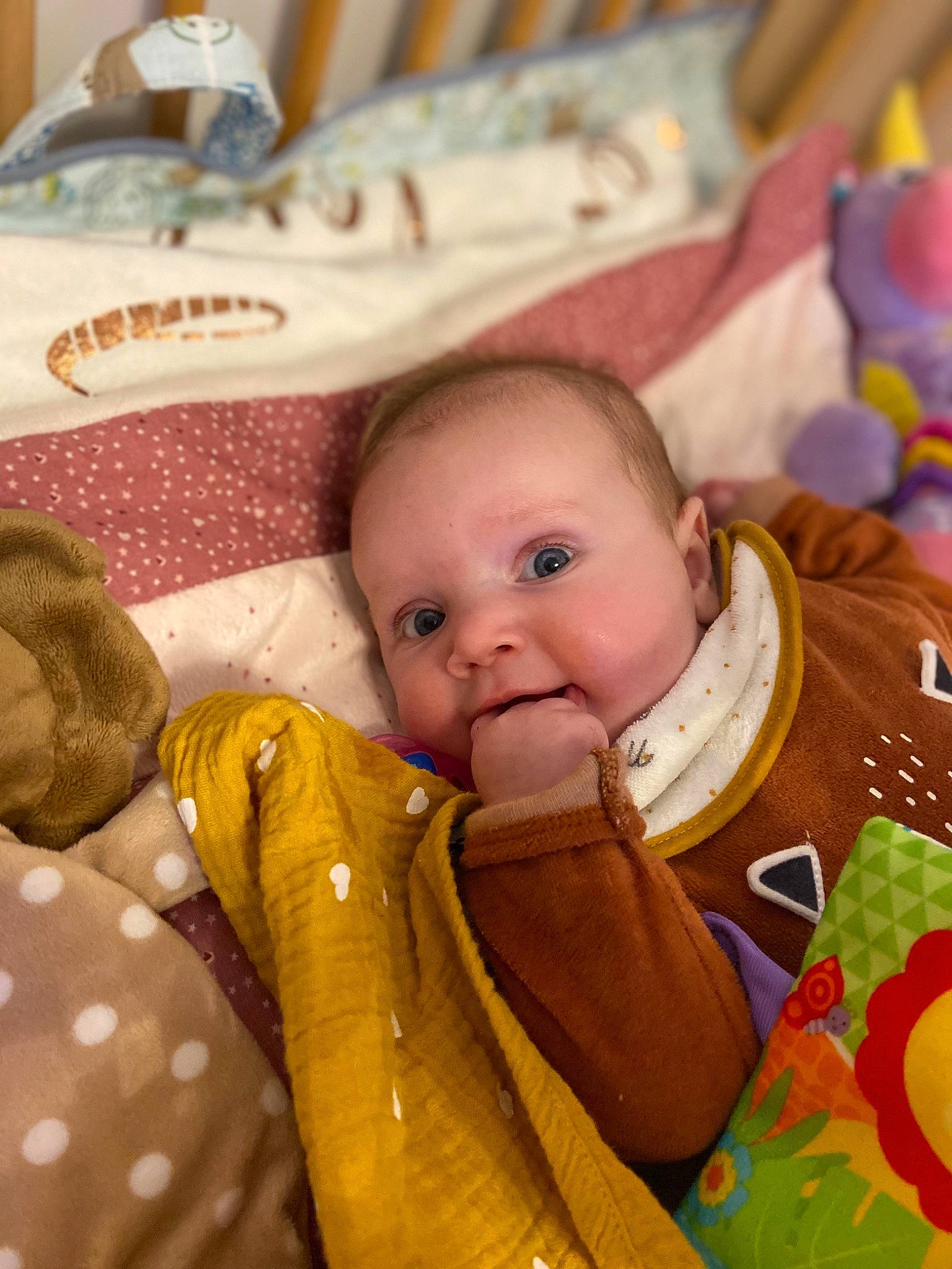 Marine participe au concours pour gagner de l'argent avec cette photo : baby, baby_products, baby_toddler_clothing, bib, cheek, child, comfort, eye, face, fun, happy, head, iris, linens, person, product, room, sitting, smile, textile