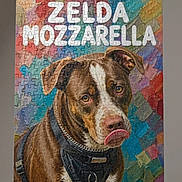 Zelda Mozzarella is registered to the contest to win money with this photo: animal, artistic, background, brown_dog, closeup, collar, colorful, display, dog, harness, indoor, jigsaw, pet, playful, portrait, puzzle, stand, table, tongue, white_markings