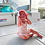 toddler, child, boat, deck, sun_hat, pink_stripes, smiling, sitting, vacation, water, sky, clouds, marine_equipment, outdoor, summer, cute, happy, playful, legs, barefoot
