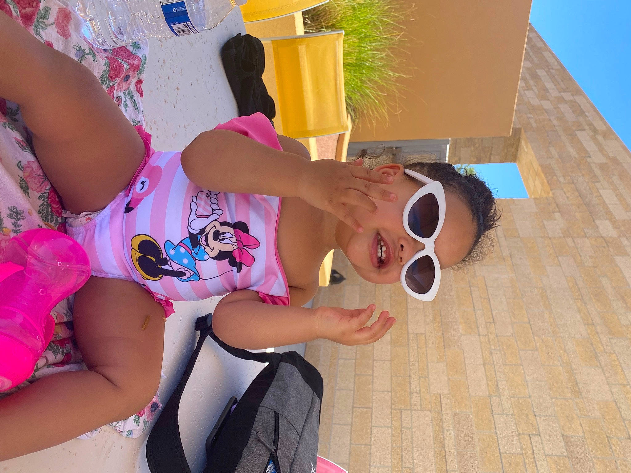 Alaiyah joined the competition — help win amazing prizes! child, elbow, eyewear, finger, fun, goggles, happy, hat, human_leg, joint, leg, leisure, magenta, pattern, person, personal_protective_equipment, sunglasses, t_shirt, thigh, toddler