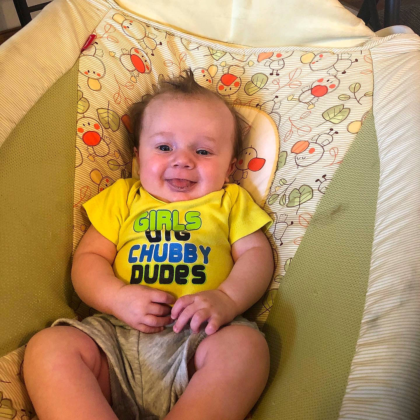 Greysen joined the competition — help win amazing prizes! baby, baby_products, baby_toddler_clothing, child, joy, person, product, sitting, skin, smile, t_shirt, toddler, yellow