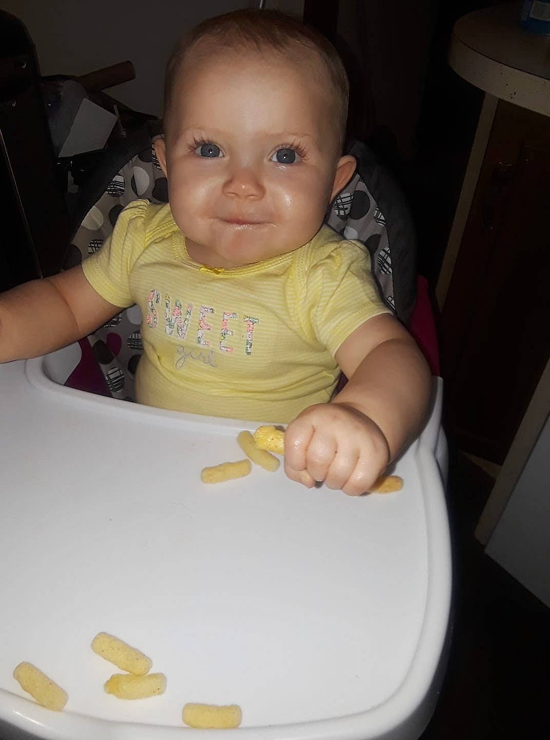 Journie is registered to the contest to win money with this photo: baby, baby_food, cheek, child, comfort_food, eating, food, person, skin, smile, toddler