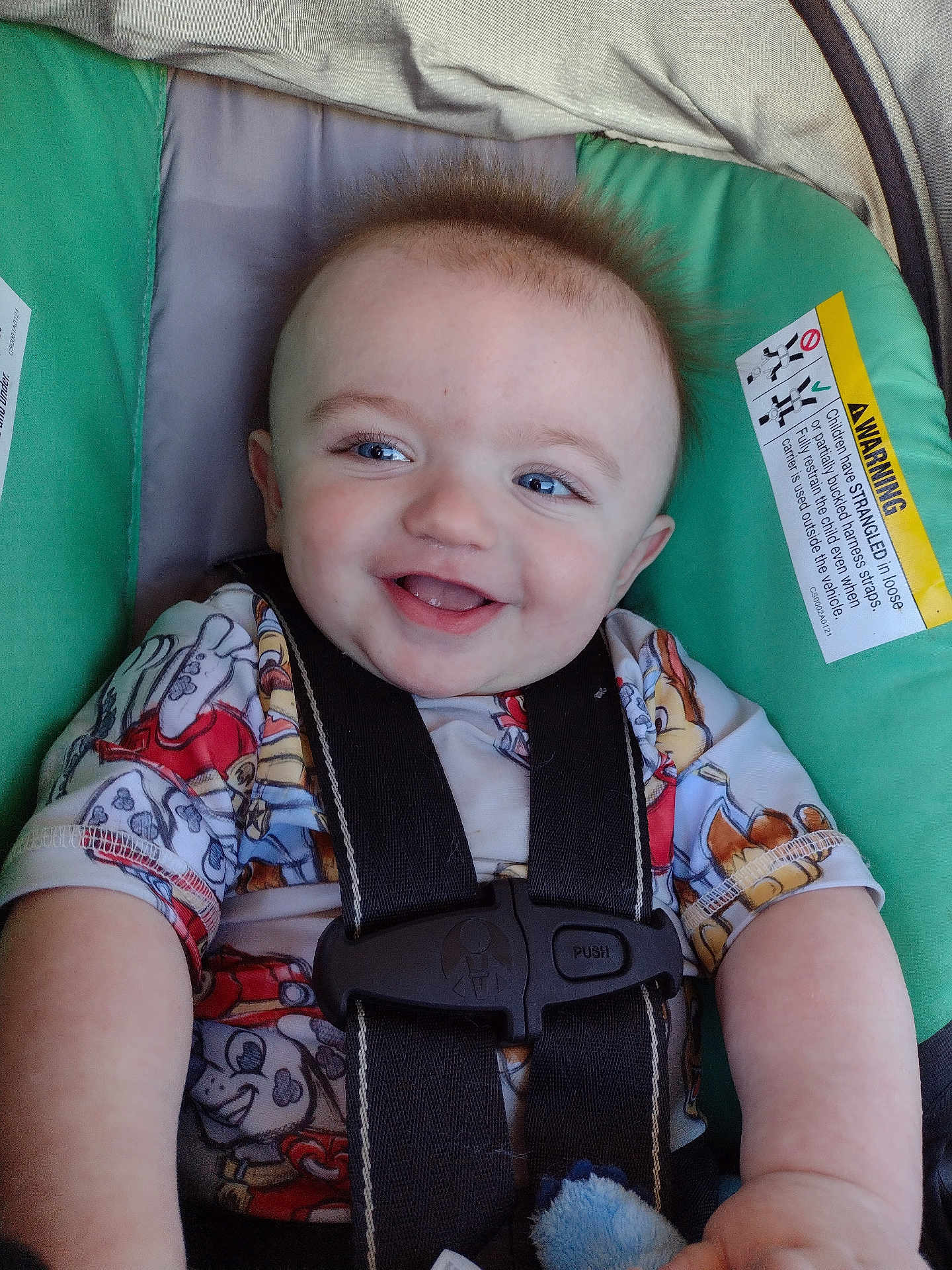 Michael is registered to the contest to win money with this photo: baby, smiling, car_seat, blue_eyes, child, clothing, straps, safety_harness, cute, infant, seat, happy, face, head, toddler, patterned_shirt, hair, skin, indoor, closeup