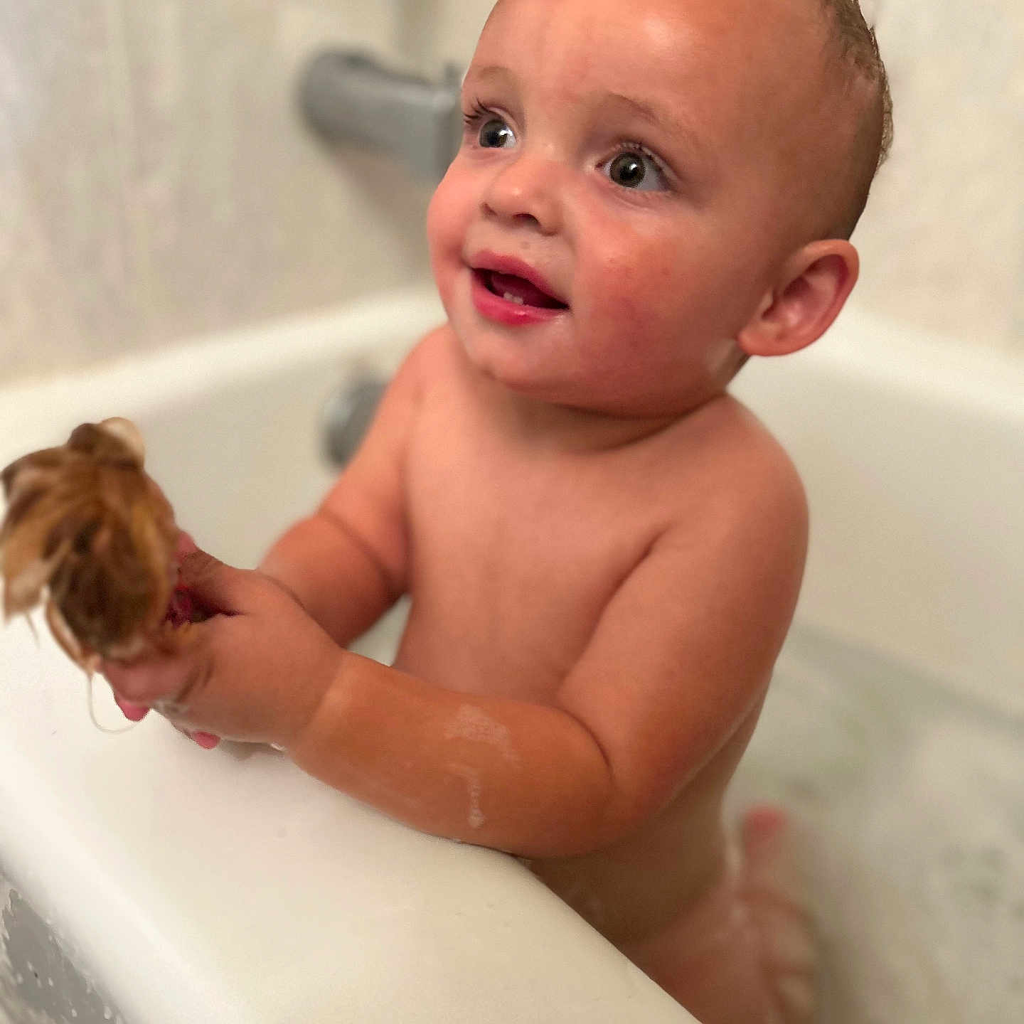 Kristain joined the competition — help win amazing prizes! baby, back, bathing, bathroom, bathtub, bodypart, face, finger, hand, happy, head, indoors, person, photography, portrait, room, shower, sink, smile, tub