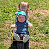 baby, blue_clothing, child, children, curly_hair, daylight, dump_truck, fun, grass, happy, hat, nature, outdoor, pink_clothing, play, sibling, smile, sunny, toddler, toy