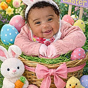 Kelsey joined the competition — help win amazing prizes! baby, bunny_ears, basket, easter_eggs, plush_bunny, stuffed_animal, yellow_chick, spring, flowers, grass, pink_bow, smiling, cute, holiday, celebration, child, outdoor, festive, colorful, portrait