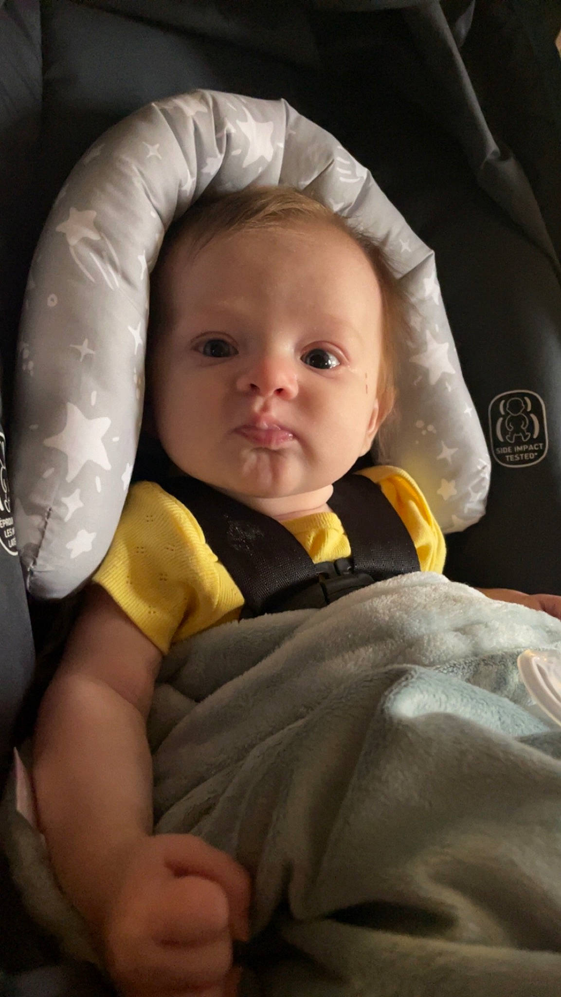 Alyvia is registered to the contest to win money with this photo: baby, baby_carriage, baby_in_car_seat, baby_products, baby_toddler_clothing, car_seat, cheek, child, chin, comfort, finger, gesture, head, nose, person, seat_belt, sitting, skin, textile, thumb