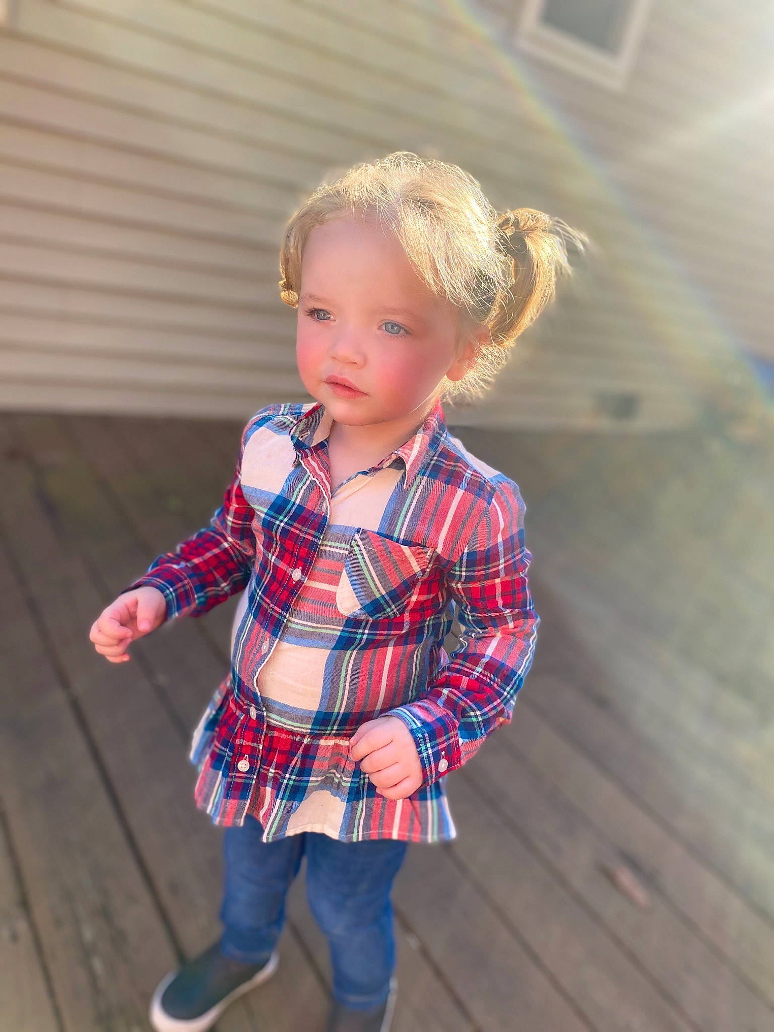 Annaleigh is registered to the contest to win money with this photo: baby, blond, cheek, child, child_model, design, face, outerwear, pattern, person, photography, plaid, play, skin, sleeve, standing, tartan, textile, toddler, vacation
