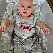 Oakland joined the competition — help win amazing prizes! baby, infant, child, gray_clothing, baby_rocker, patterned_cushion, cute, seated, indoors, wide_eyes, curious, comfortable, smiling, head, arms, legs, casual, young, portrait, human