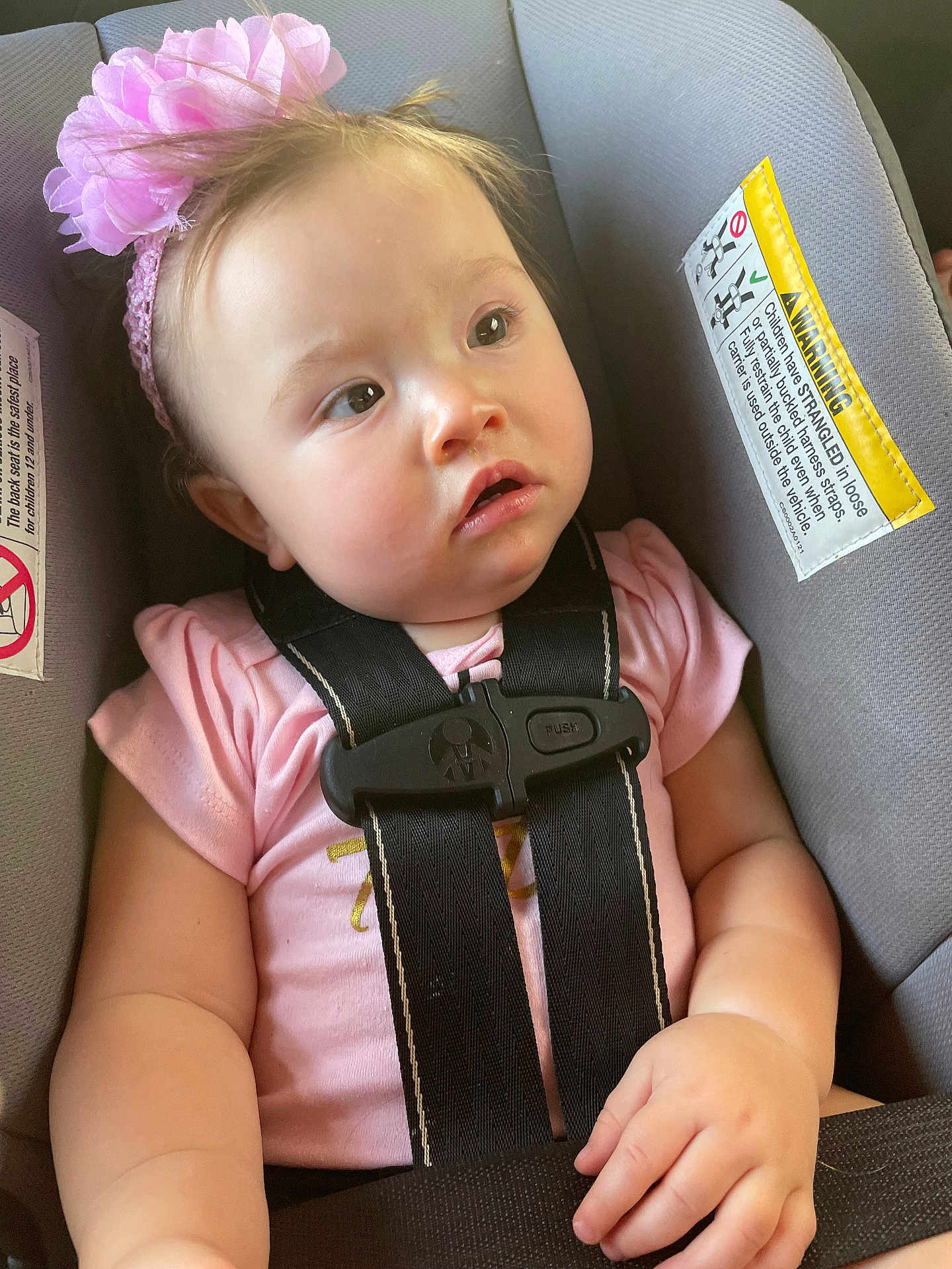 Jocelynn is registered to the contest to win money with this photo: baby, child, car_seat, headband, pink, flower, straps, safety, seatbelt, infant, cute, chubby, gaze, clothing, toddler, indoor, person, skin, face, hand