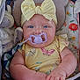 Ayra is registered to the contest to win money with this photo: baby, baby_accessories, baby_clothes, blue_eyes, bow, butterfly_pattern, child, closeup, comfort, cute, hand, headband, indoor, infant, pacifier, plush_toy, portrait, soft_toys, stroller, yellow_clothing