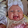Ayra is registered to the contest to win money with this photo: baby, smiling, blue_eyes, white_bow, blanket, pink_blanket, cute, infant, happy, portrait, close_up, soft_texture, clothing, headwear, child, playful, indoors, hand, face, adorable