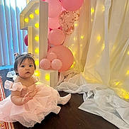 Sariyah joined the competition — help win amazing prizes! baby, child, pink_dress, balloons, birthday, number_one, celebration, fairy_lights, floor, curtains, indoor, happy, portrait, toddler, party, cute, decorations, girl, sitting, festive