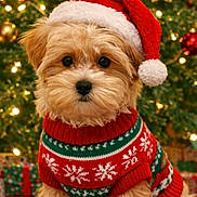 Teddy joined the competition — help win amazing prizes! celebration, christmas, christmas_sweater, cute, decorations, dog, festive, fluffy, green, holiday, indoor, lights, ornaments, pet, puppy, red, santa_hat, seasonal, tree, white