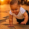 Armonii joined the competition — help win amazing prizes! baby, crawling, child, infant, sunlight, golden_hour, outdoor, pavement, cute, face, hands, white_shirt, black_pants, skin, expression, young, nature, morning, daylight, portrait