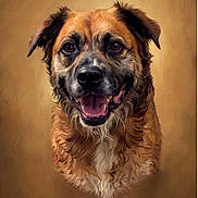 Delilah joined the competition — help win amazing prizes! dog, portrait, painting, brown_fur, black_nose, happy, smiling, ears, fur_texture, artwork, animal, pet, closeup, face, canine, studio_light, warm_colors, expression, background, name
