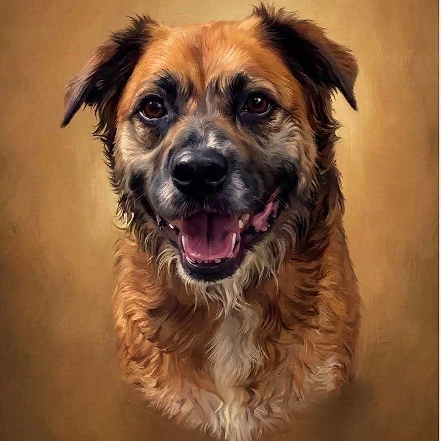 Delilah joined the competition — help win amazing prizes! dog, portrait, painting, brown_fur, black_nose, happy, smiling, ears, fur_texture, artwork, animal, pet, closeup, face, canine, studio_light, warm_colors, expression, background, name