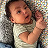 Jacob joined the competition — help win amazing prizes! baby, infant, face, skin, hair, eyes, hands, blanket, striped_clothing, onesie, polka_dot, pattern, blue_blanket, curious, lying_down, cute, child, newborn, soft_texture, indoor