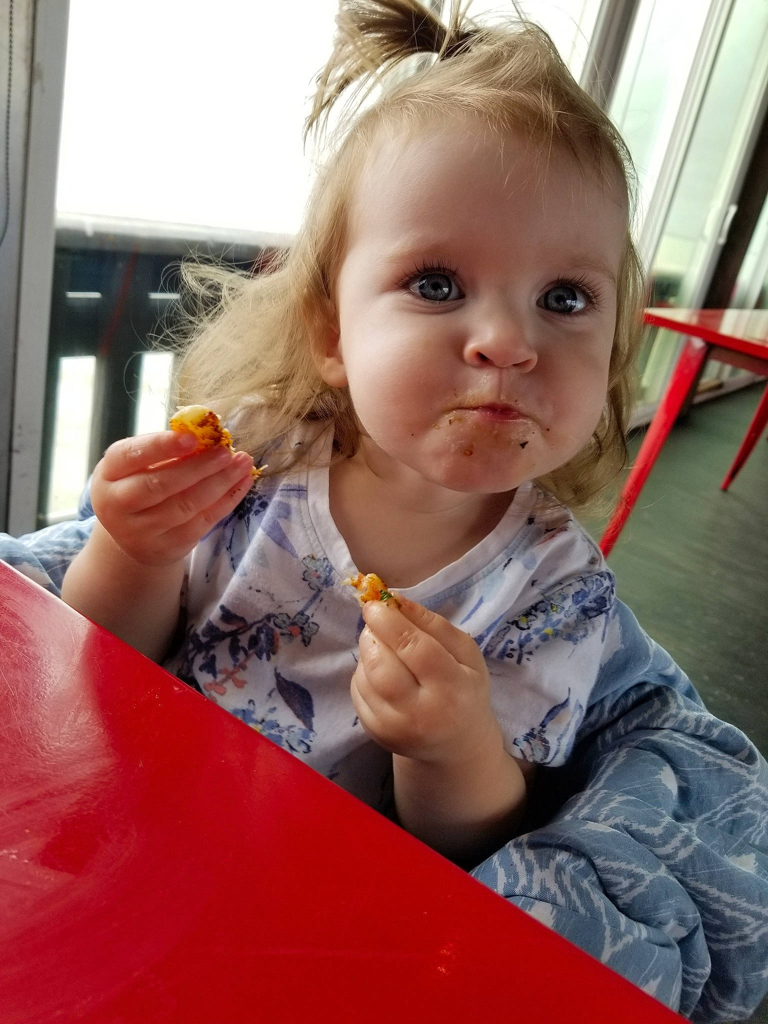 Fallon joined the competition — help win amazing prizes! blond, child, face, finger, nose, person, play, smile, toddler, vacation