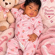 Isabella joined the competition — help win amazing prizes! baby, infant, child, portrait, sleeping, pink, pajamas, onesie, teddy_bear, blanket, bed, floral_pattern, strawberry_pattern, crown, princess, heart, cute, indoors, lying_down, text