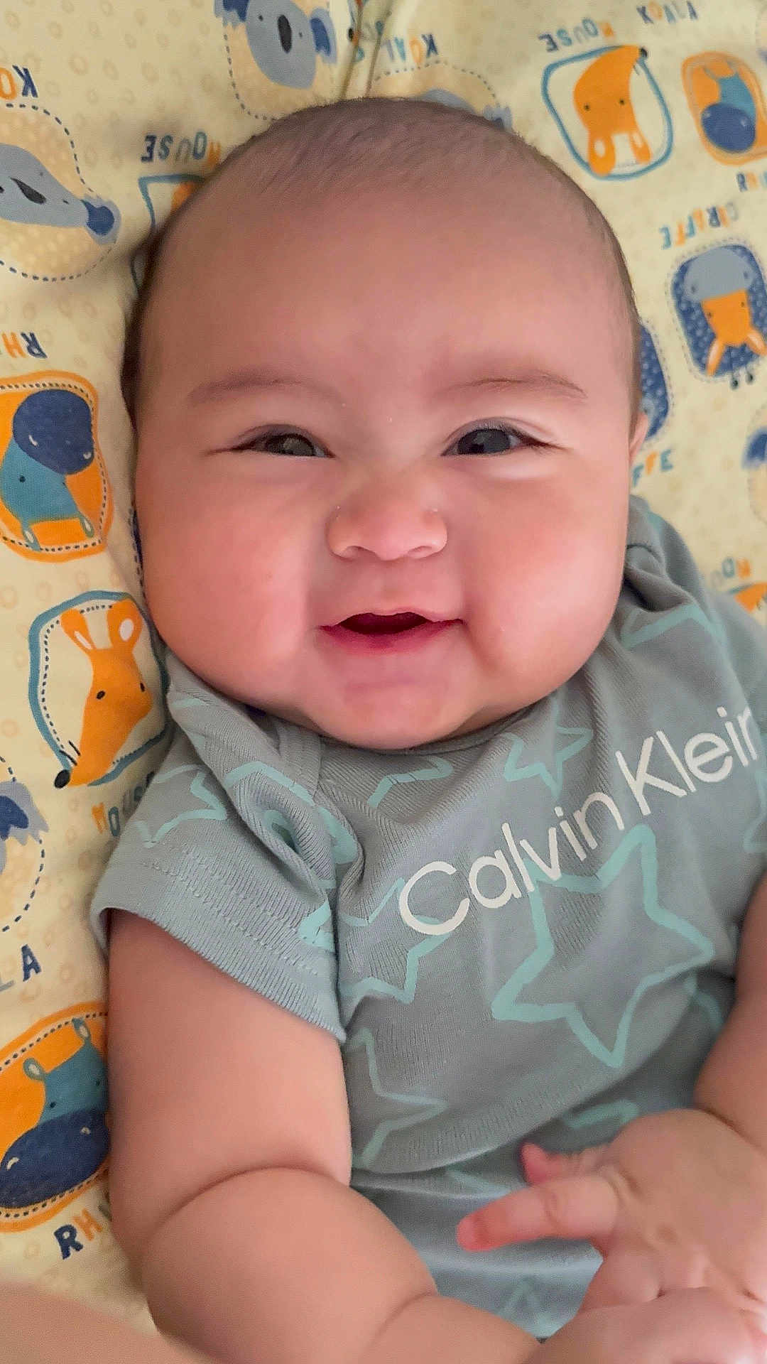 Jireh is registered to the contest to win money with this photo: baby, smiling, infant, calvin_klein, cute, chubby_cheeks, clothing, blanket, animal_print, happy, child, portrait, young, lying_down, indoors, soft_lighting, closeup, face, skin, hand