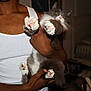 person, cat, fluffy_cat, indoor, bedroom, tank_top, hand, paws, gray_cat, white_cat, furniture, bed, blanket, holding, pet, domestic_animal, mammal, fur, whiskers, claws