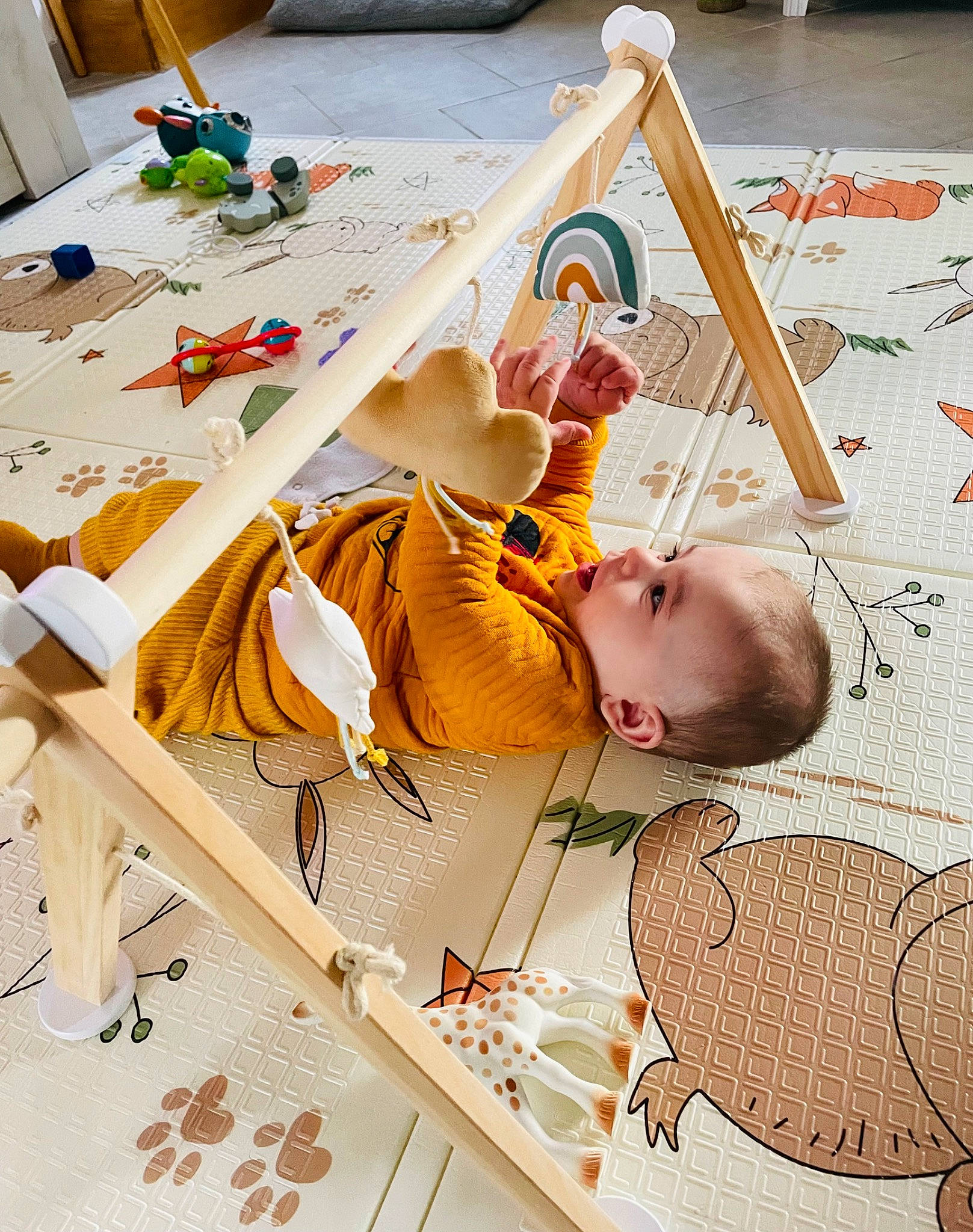 Mylio participe au concours pour gagner de l'argent avec cette photo : baby, baby_products, baby_safety, chair, child, comfort, flooring, fun, hardwood, leisure, linens, orange, person, play, room, sitting, table, toddler, visual_arts, wood