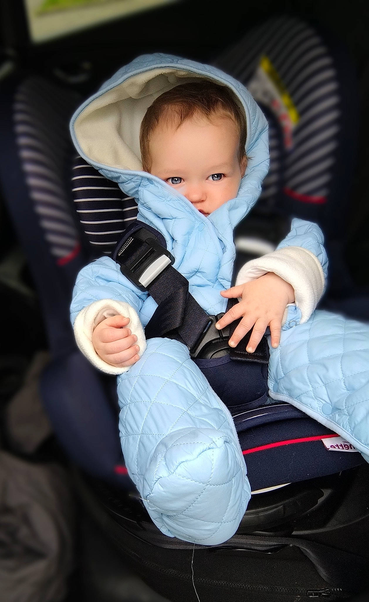 Mattéo participe au concours pour gagner de l'argent avec cette photo : auto_part, baby, baby_carriage, baby_in_car_seat, baby_products, baby_safety, baby_toddler_clothing, car_seat, cheek, child, comfort, finger, fun, gesture, hand, lap, nail, person, sitting, thumb