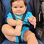 baby, child, stroller, blue_clothing, infant, cute, smiling, chubby, playful, seatbelt, indoor, person, foot, hand, young_child, baby_boy, casual, portrait, seat, happy