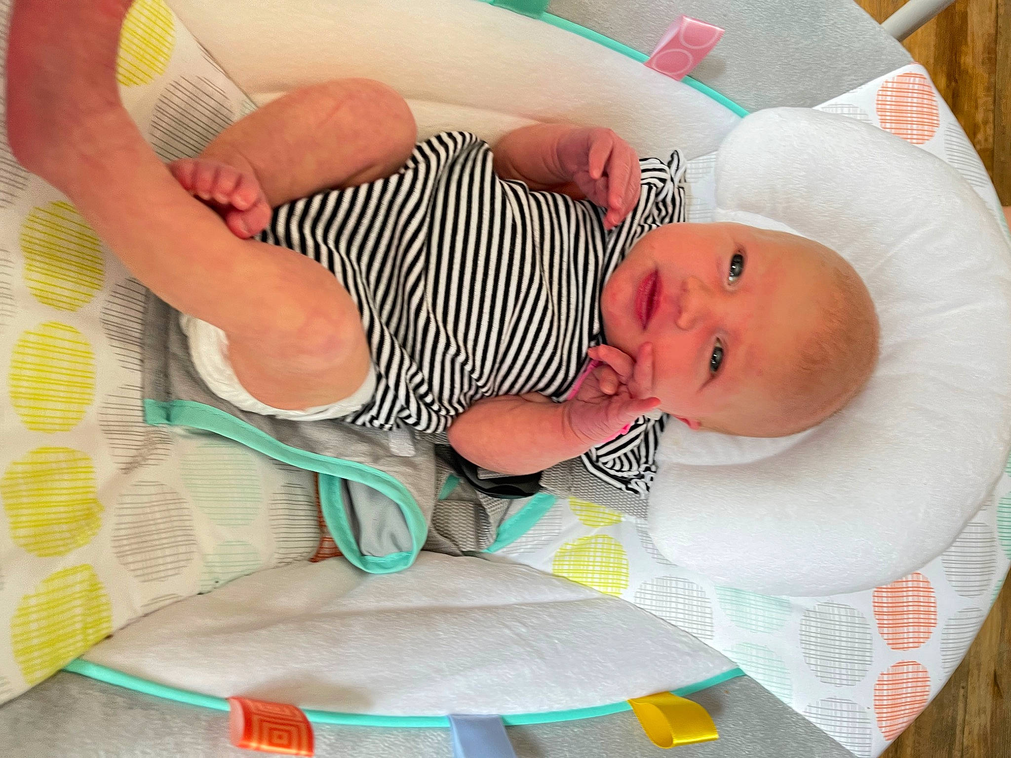 Emily is registered to the contest to win money with this photo: baby, baby_products, baby_safety, baby_sleeping, baby_toddler_clothing, child, comfort, foot, human_body, infant_bed, linens, nap, pattern, person, room, sleep, thigh, toddler