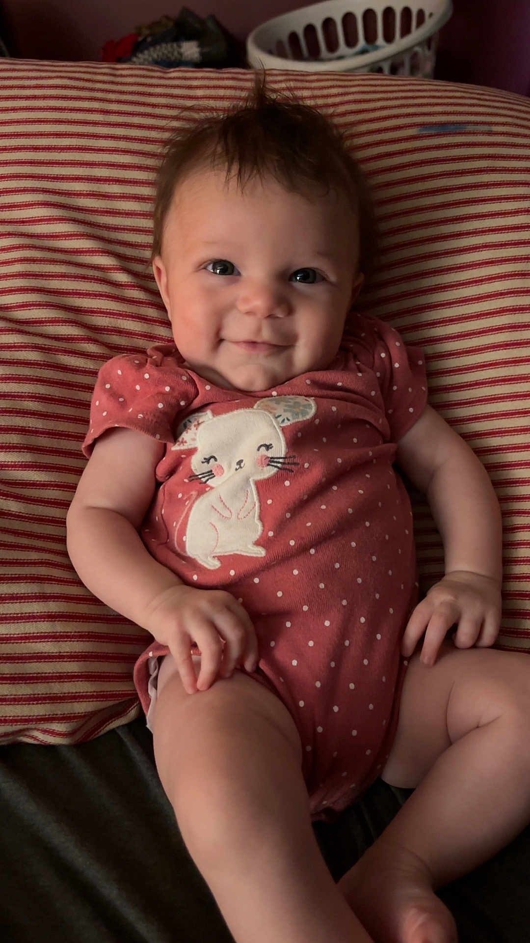 Holloni is registered to the contest to win money with this photo: baby, infant, smile, onesie, polka_dot, cat_design, striped_pillow, hair_tuft, cheeky, cute, child, portrait, indoors, relaxed, person, skin, hand, face, lying_down, happy