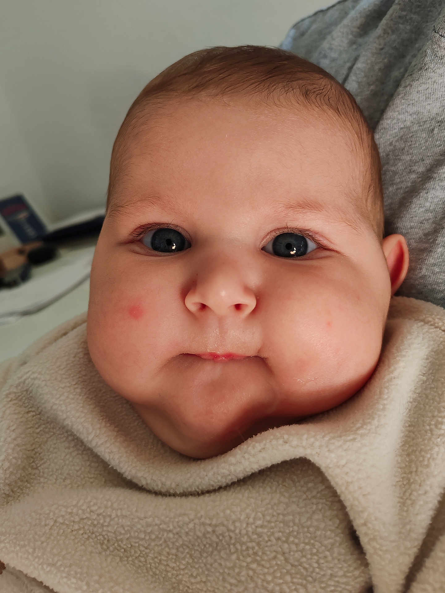 Milo participe au concours pour gagner de l'argent avec cette photo : baby, infant, face, eyes, cheeks, chubby, blanket, soft_texture, portrait, closeup, nose, mouth, person, indoors, adorable, gaze, eyelashes, skin, cuddly, head