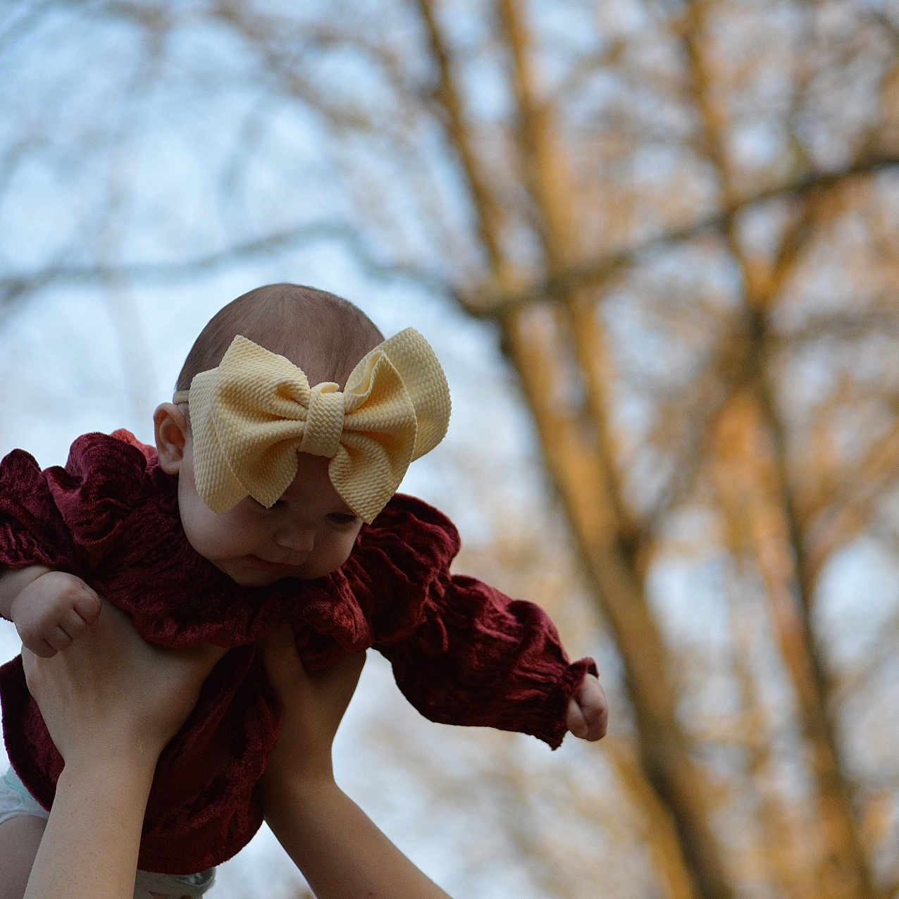 Natalie joined the competition — help win amazing prizes! arms, baby, blurred_background, bokeh, bow, cute, dress, face, hands, headband, holding, infant, maroon_clothing, nature, outdoor, parent_hands, portrait, sky, trees, young_child