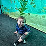 toddler, child, aquarium, fish, blue_striped_shirt, gray_pants, black_socks, indoor, floor, sitting, smiling, curious, aquatic_plants, tank, water, yellow_fish, young_child, happy, portrait, playful