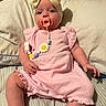 baby, beads, bed, bow, child, comfort, cute, daisy, hand, headband, indoors, infant, legs, pacifier, pillow, pink_clothing, portrait, romper, skin, sleepwear