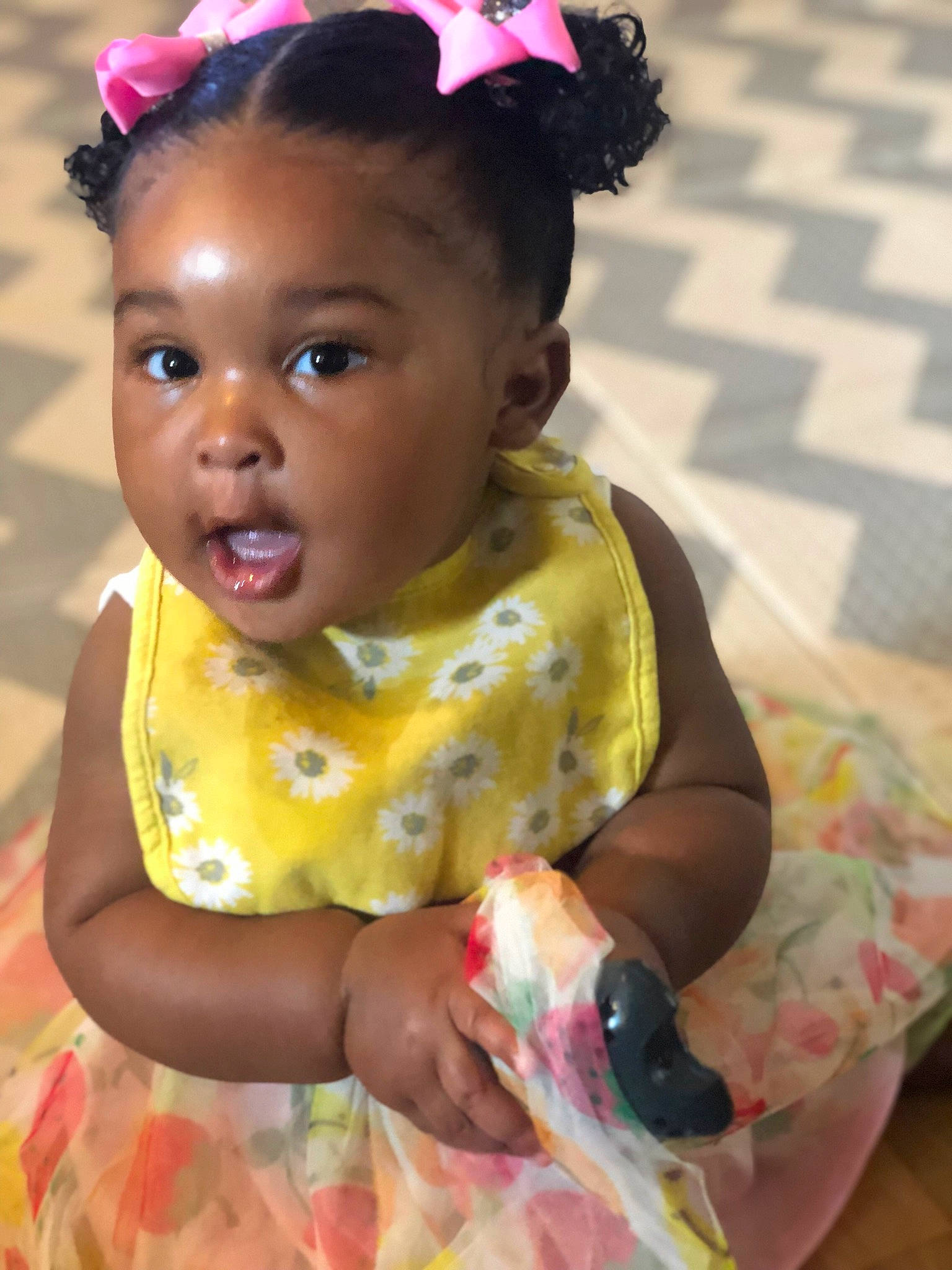 Gianna joined the competition — help win amazing prizes! baby, baby_toddler_clothing, cheek, child, chin, dress, eye, face, fashion_accessory, fun, happy, head, headpiece, iris, lip, nose, person, pink, sitting, skin