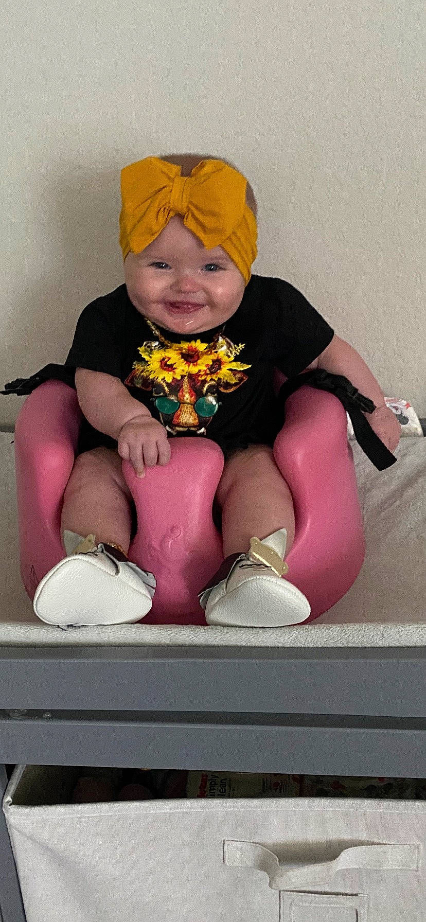 Tyler joined the competition — help win amazing prizes! baby, baby_toddler_clothing, cap, child, comfort, face, happy, hat, headgear, headwear, joy, knee, lap, leg, person, pink, shoe, sleeve, smile, sneakers
