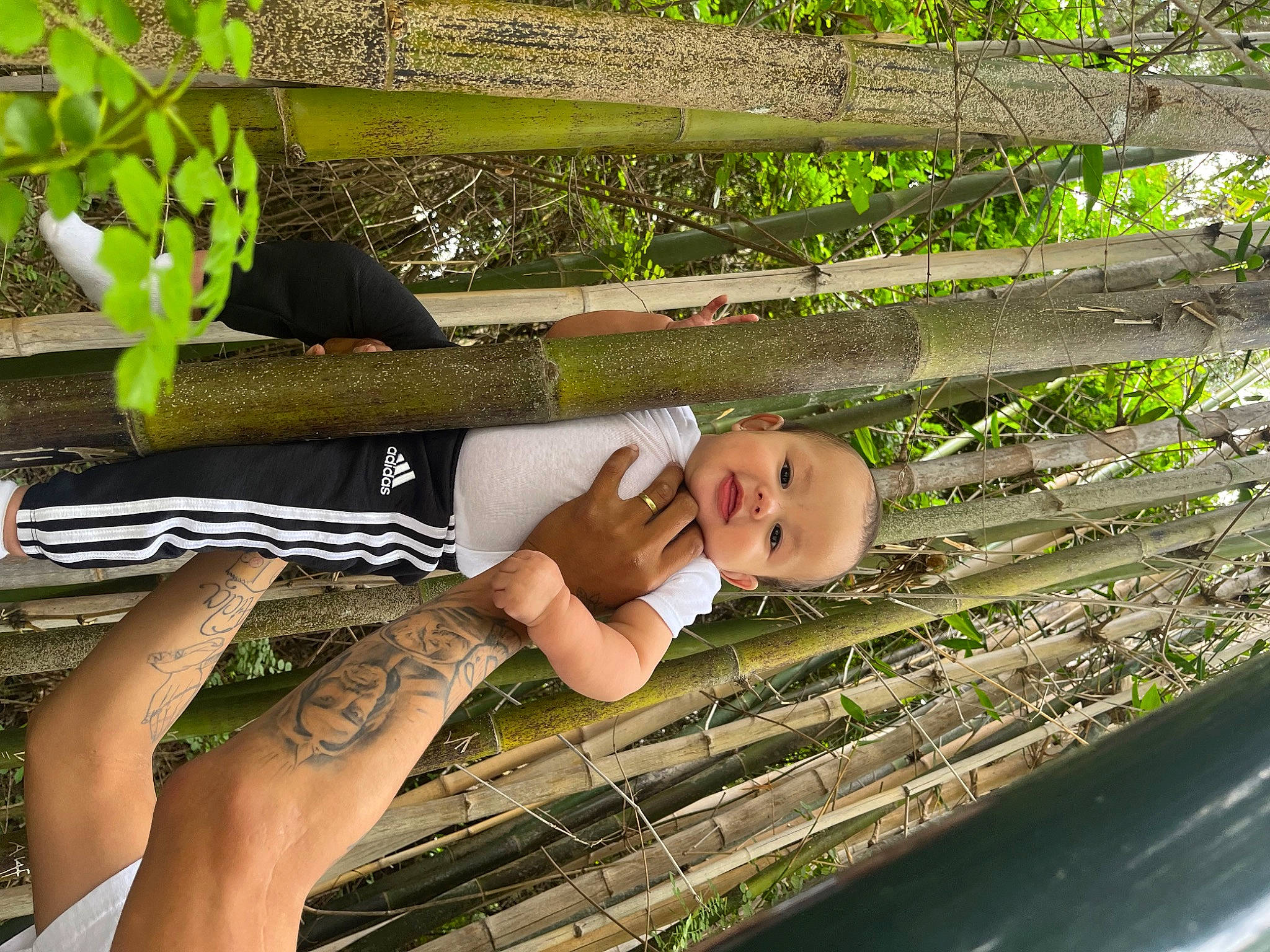Andres is registered to the contest to win money with this photo: baby, baby_toddler_clothing, foot, fun, grass, hand, happy, human_leg, leisure, pattern, people_in_nature, person, plant, sandal, sitting, smile, spring, thigh, toddler, tree