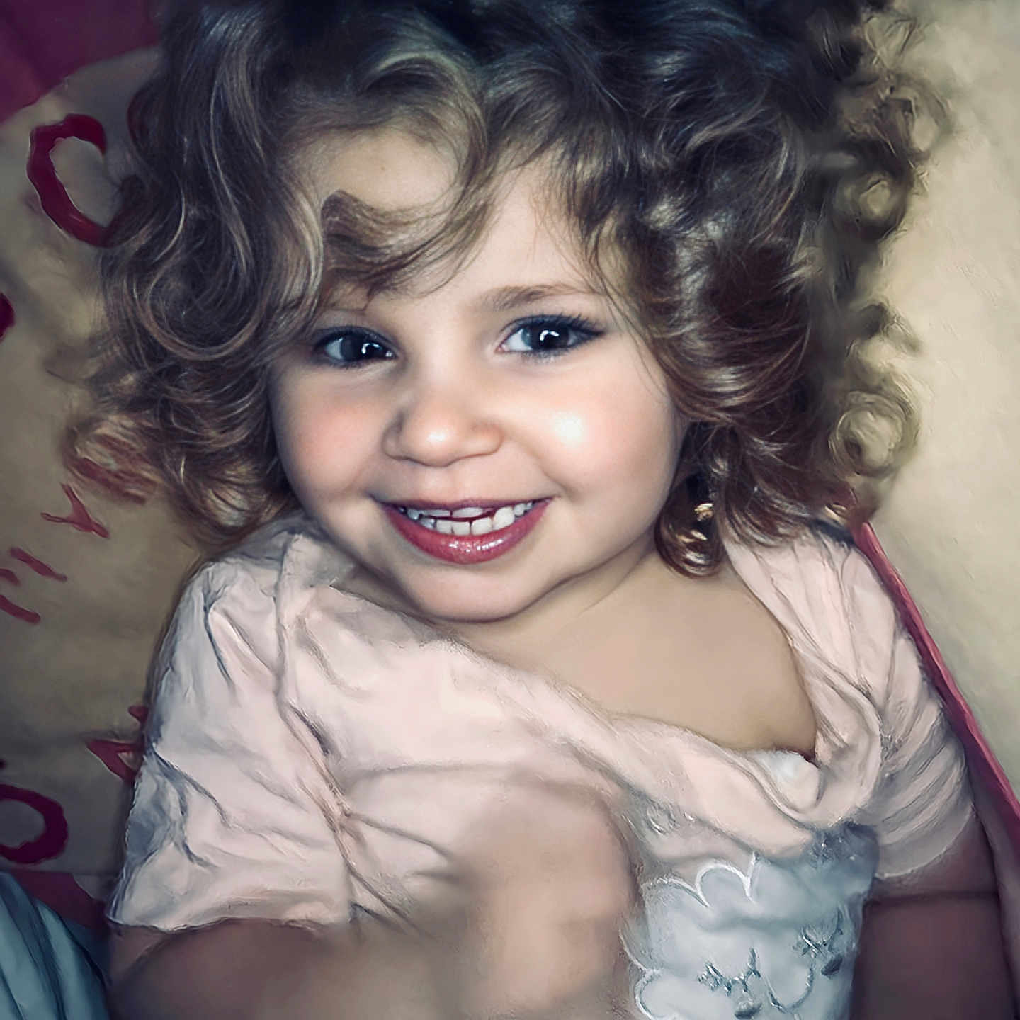 Agatha a rejoint le concours — aidez-le/la à gagner de superbes lots ! baby, cheerful, child, closeup, cloud_design, curly_hair, cute, eyebrows, face, happy, indoors, person, pillow, pink_shirt, portrait, sitting, skin, smiling, toddler, young_child
