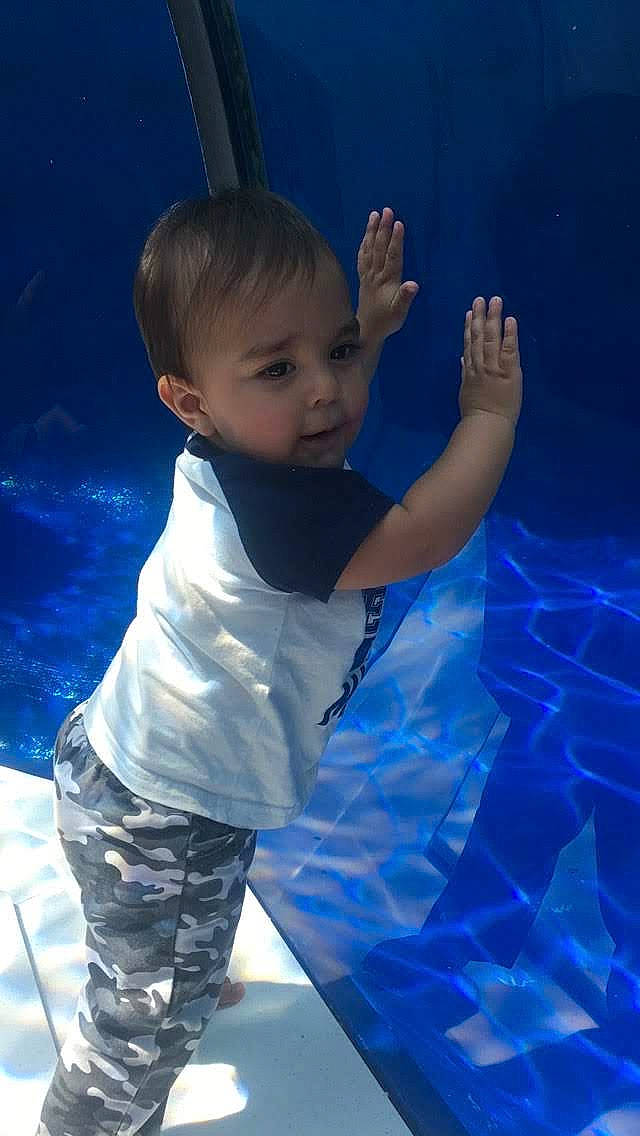 Zaiden is registered to the contest to win money with this photo: aquarium, arm, baby, blue, child, fun, hand, happy, leisure, person, photography, play, sky, smile, space, toddler, vacation, water, world