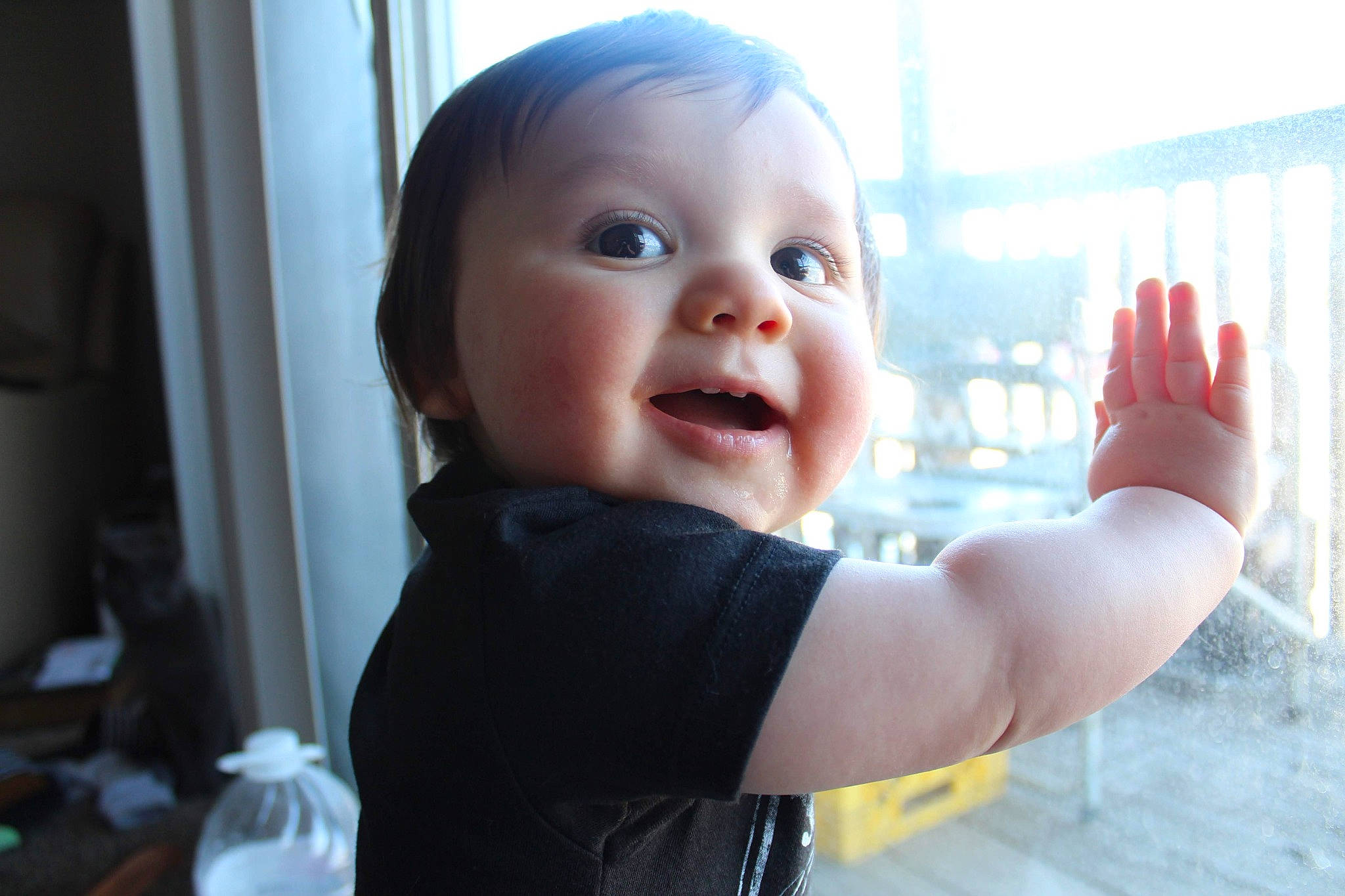 Jaxen is registered to the contest to win money with this photo: baby, baby_toddler_clothing, cheek, chin, eye, eyebrow, facial_expression, finger, gesture, hand, happy, iris, lip, mouth, nose, person, skin, sleeve, smile, thumb